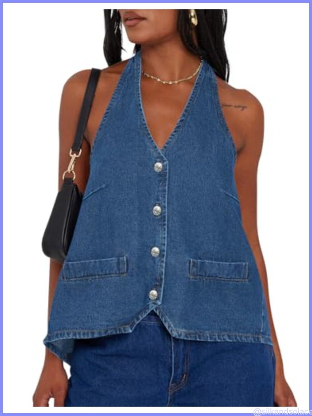 Women's Sleeveless Denim Vest Crop Top Halter Tie Back Y2K Waistcoat